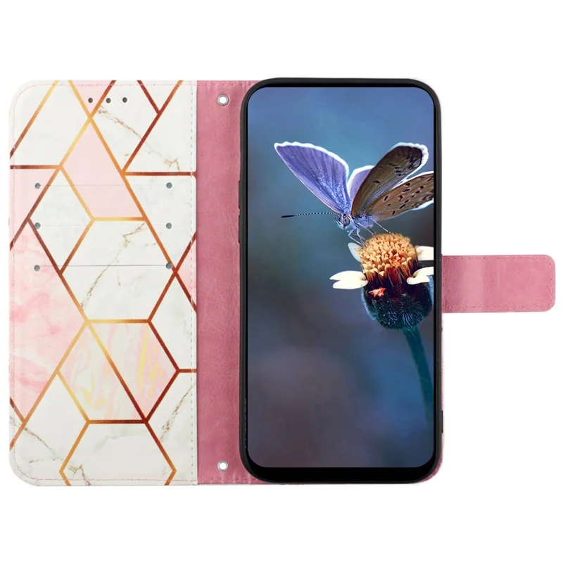For Xiaomi Redmi A3 / Poco C61 4G Leather Case with Shoulder Strap Marble Pattern Phone Stand Cover - Pink / White LS002