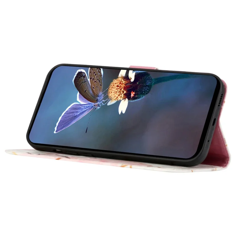 For Xiaomi Redmi A3 / Poco C61 4G Leather Case with Shoulder Strap Marble Pattern Phone Stand Cover - Pink / White LS002