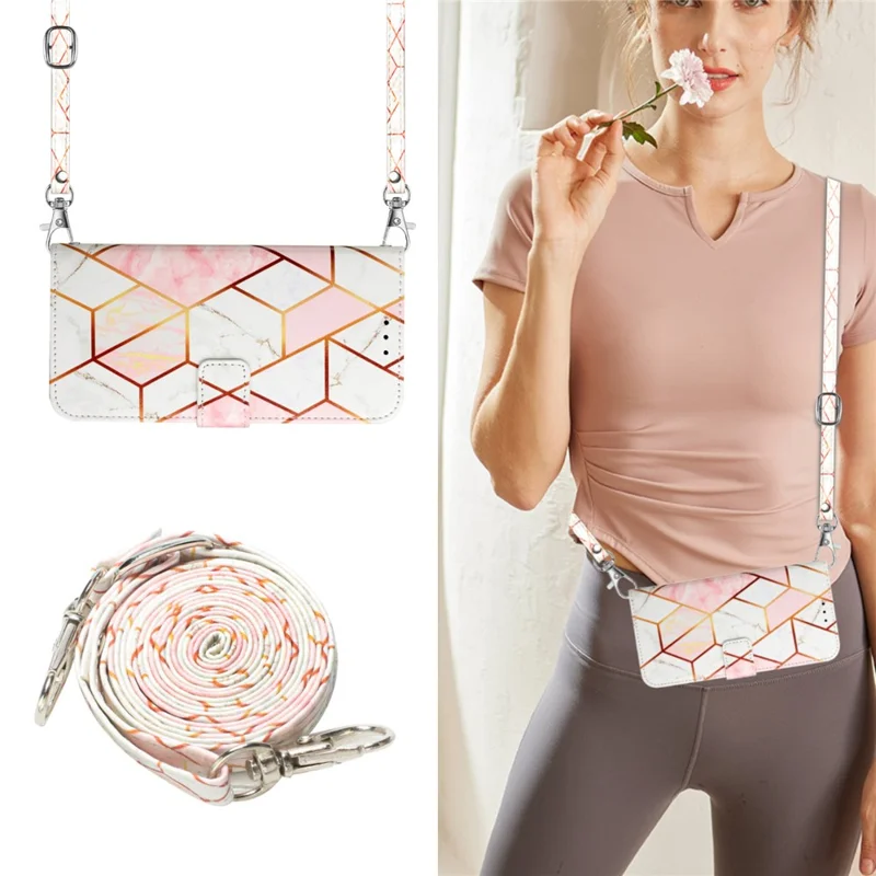 For Xiaomi Redmi A3 / Poco C61 4G Leather Case with Shoulder Strap Marble Pattern Phone Stand Cover - Pink / White LS002