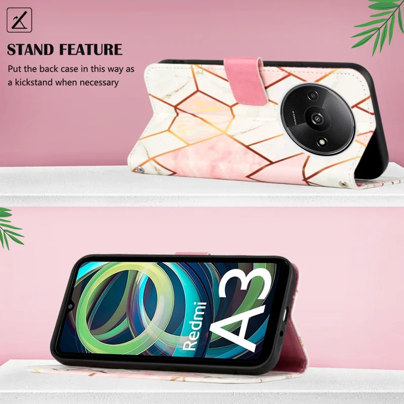 For Xiaomi Redmi A3 / Poco C61 4G Leather Case with Shoulder Strap Marble Pattern Phone Stand Cover - Pink / White LS002