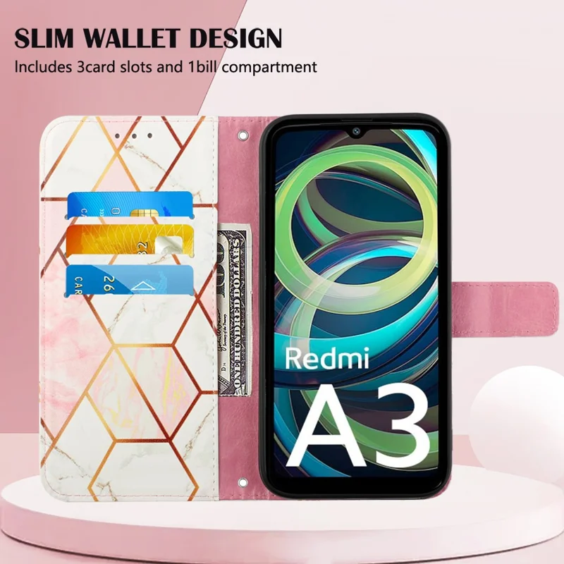 For Xiaomi Redmi A3 / Poco C61 4G Leather Case with Shoulder Strap Marble Pattern Phone Stand Cover - Pink / White LS002