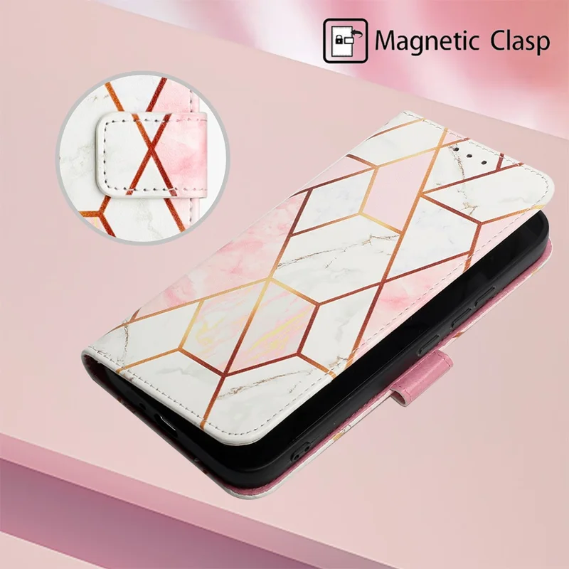 For Xiaomi Redmi A3 / Poco C61 4G Leather Case with Shoulder Strap Marble Pattern Phone Stand Cover - Pink / White LS002
