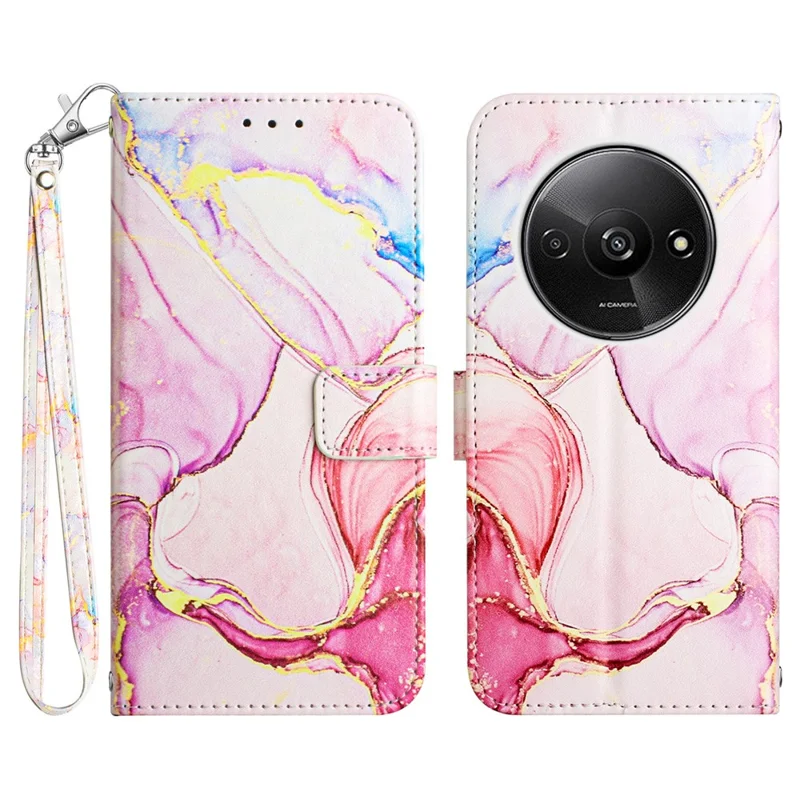 For Xiaomi Redmi A3 / Poco C61 4G Case with Strap Marble Pattern Leather Phone Cover Card Holder - Rose Gold LS005