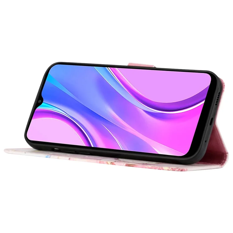 For Xiaomi Redmi A3 / Poco C61 4G Case with Strap Marble Pattern Leather Phone Cover Card Holder - Rose Gold LS005