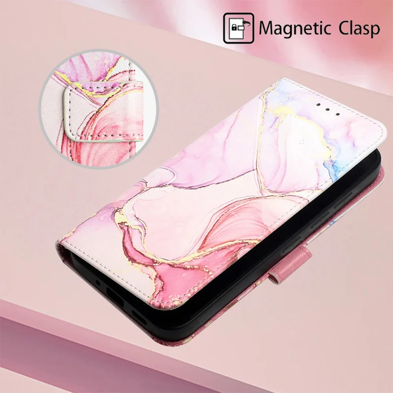 For Xiaomi Redmi A3 / Poco C61 4G Case with Strap Marble Pattern Leather Phone Cover Card Holder - Rose Gold LS005