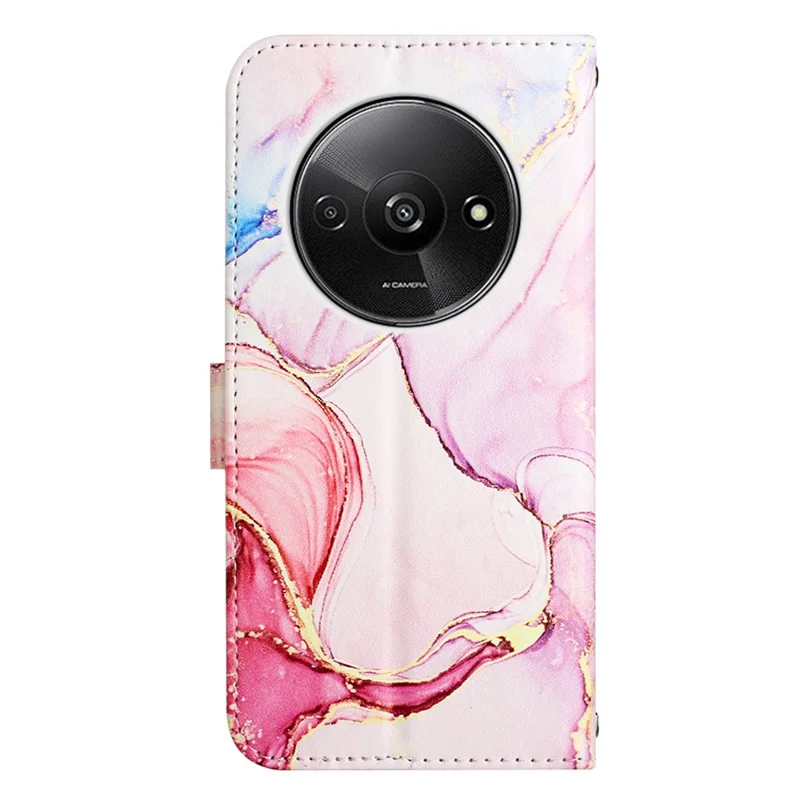 For Xiaomi Redmi A3 / Poco C61 4G Case with Strap Marble Pattern Leather Phone Cover Card Holder - Rose Gold LS005