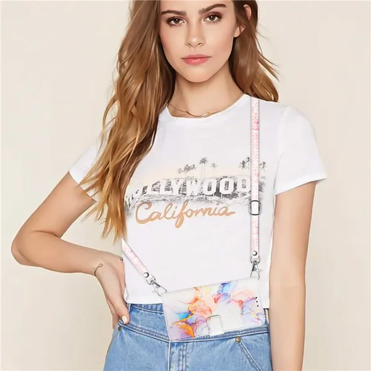 Serie de estuches de piel con estampado YB para Xiaomi Redmi Note 13 4G - Carcasa billetera para teléfono con bandolera, mármol de la Vía Láctea blanco LS004 