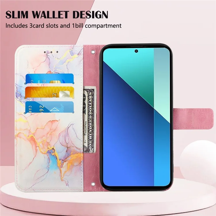Serie de estuches de piel con estampado YB para Xiaomi Redmi Note 13 4G - Carcasa billetera para teléfono con bandolera, mármol de la Vía Láctea blanco LS004 