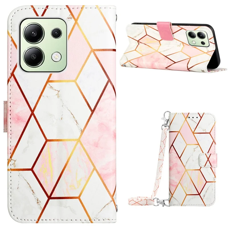 For Xiaomi Redmi Note 13 4G Leather Case with Shoulder Strap Marble Pattern Phone Stand Cover - Pink / White LS002