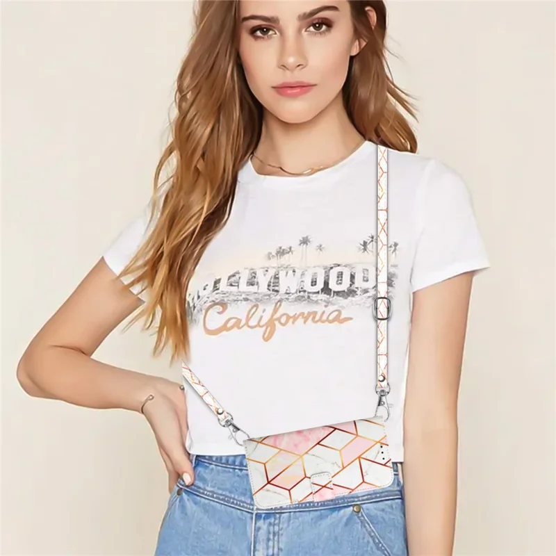 For Xiaomi Redmi Note 13 4G Leather Case with Shoulder Strap Marble Pattern Phone Stand Cover - Pink / White LS002