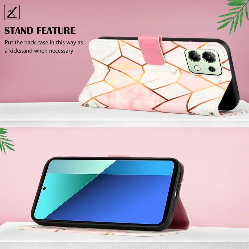 For Xiaomi Redmi Note 13 4G Leather Case with Shoulder Strap Marble Pattern Phone Stand Cover - Pink / White LS002