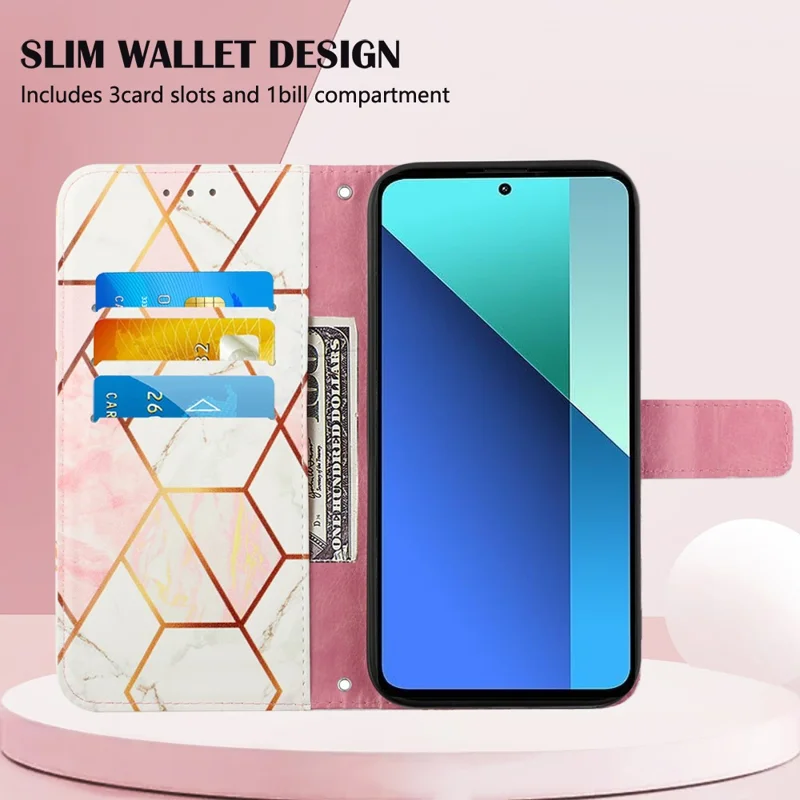 For Xiaomi Redmi Note 13 4G Leather Case with Shoulder Strap Marble Pattern Phone Stand Cover - Pink / White LS002