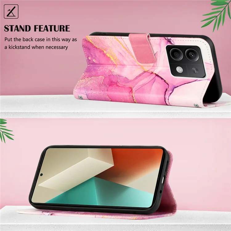 YB Pattern Printing Leather Series-6 Für Xiaomi Redmi Note 13 5G Hülle Wallet Phone Cover mit Riemen - Pink / Lila / Gold LS001