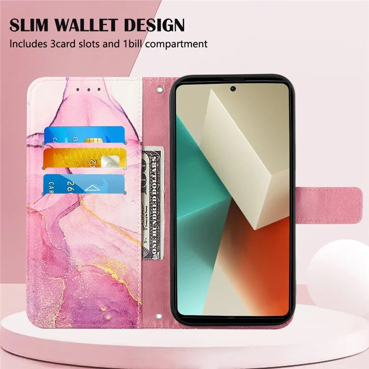 YB Pattern Printing Leather Series-6 Für Xiaomi Redmi Note 13 5G Hülle Wallet Phone Cover mit Riemen - Pink / Lila / Gold LS001