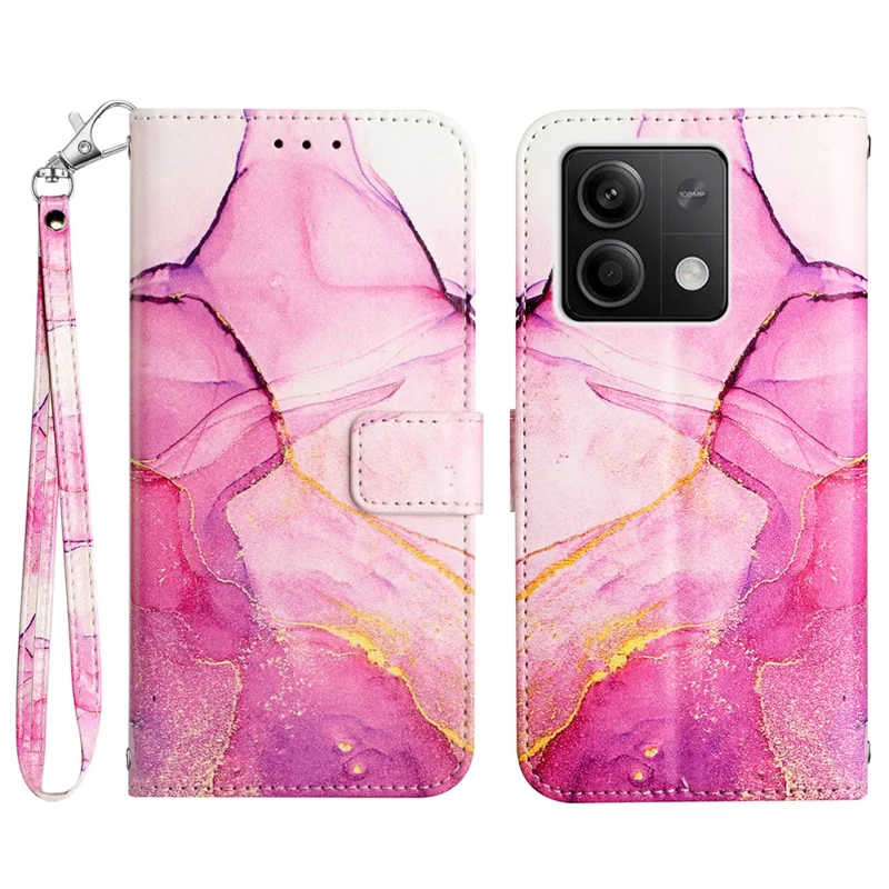 For Xiaomi Redmi Note 13 5G Case with Strap Marble Pattern Leather Phone Cover Card Holder - Pink+Purple+Gold LS001