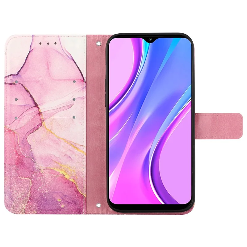 For Xiaomi Redmi Note 13 5G Case with Strap Marble Pattern Leather Phone Cover Card Holder - Pink+Purple+Gold LS001