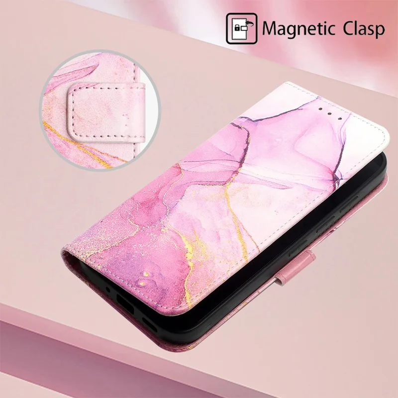 For Xiaomi Redmi Note 13 5G Case with Strap Marble Pattern Leather Phone Cover Card Holder - Pink+Purple+Gold LS001