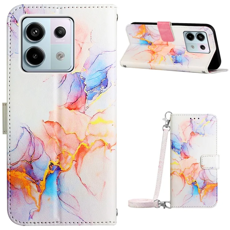 For Xiaomi Redmi Note 13 Pro 5G / Poco X6 5G Leather Case with Shoulder Strap Marble Pattern Phone Stand Cover - Milky Way Marble White LS004