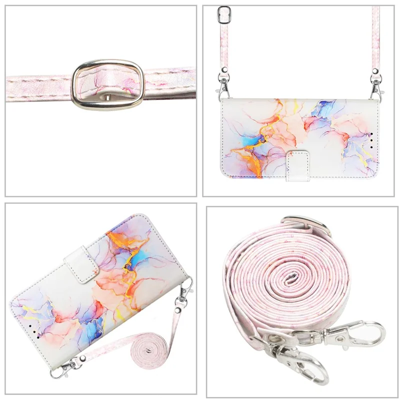 For Xiaomi Redmi Note 13 Pro 5G / Poco X6 5G Leather Case with Shoulder Strap Marble Pattern Phone Stand Cover - Milky Way Marble White LS004