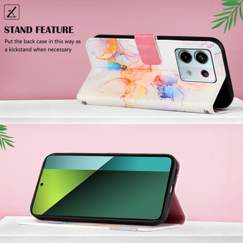For Xiaomi Redmi Note 13 Pro 5G / Poco X6 5G Leather Case with Shoulder Strap Marble Pattern Phone Stand Cover - Milky Way Marble White LS004