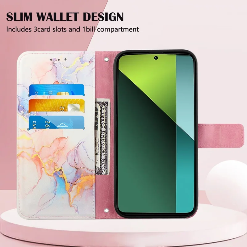 For Xiaomi Redmi Note 13 Pro 5G / Poco X6 5G Leather Case with Shoulder Strap Marble Pattern Phone Stand Cover - Milky Way Marble White LS004