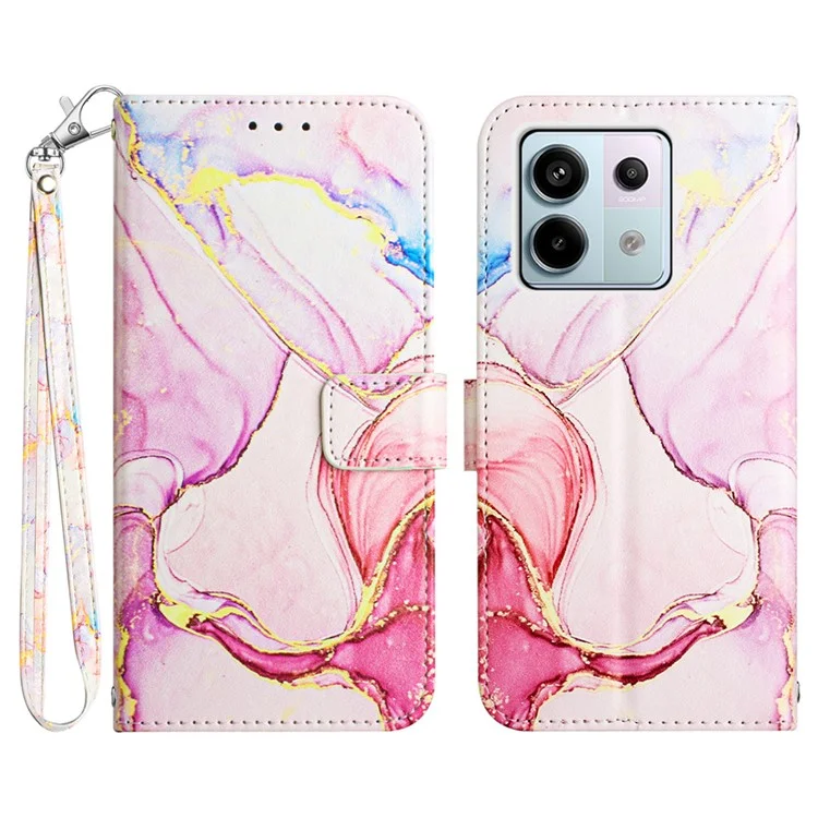 For Xiaomi Redmi Note 13 Pro 5G / Poco X6 5G Case with Strap Marble Pattern Leather Phone Cover Card Holder - Rose Gold LS005