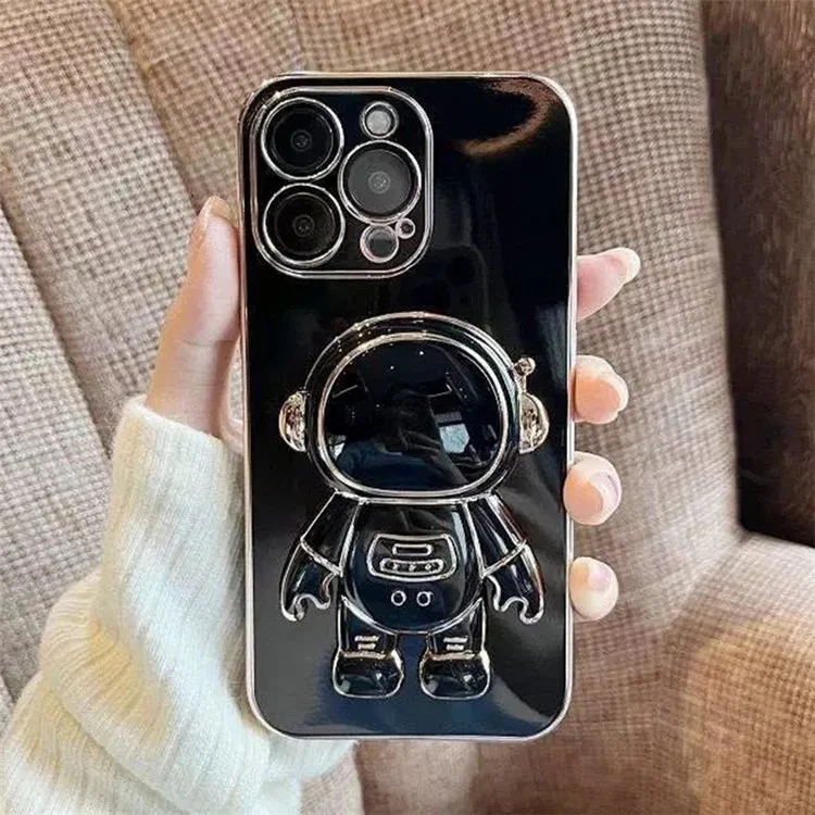 For iPhone 15 Pro Case Electroplating TPU Astronauts Hidden Bracket Phone Cover - Schwarz
