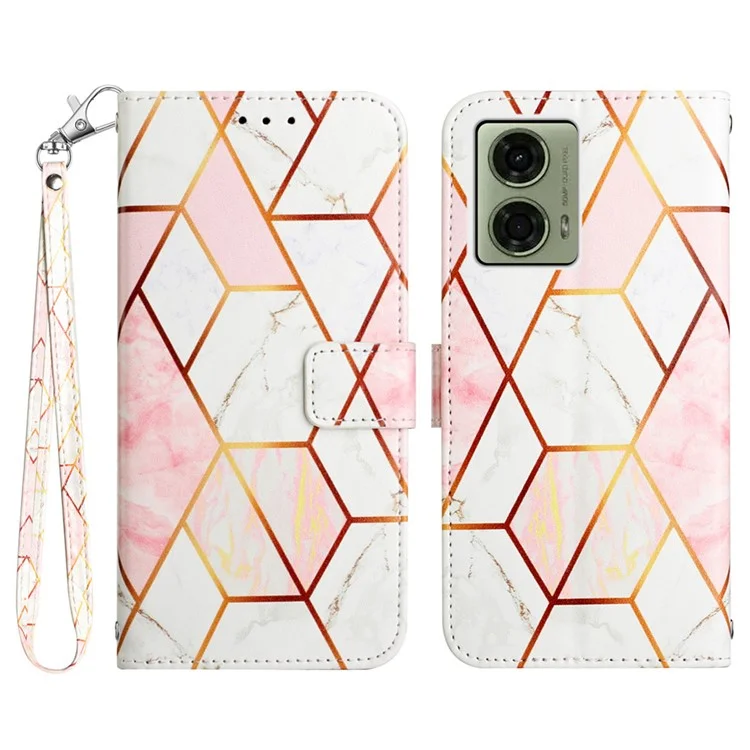 For Motorola Moto E14 4G / G04 4G / G04s 4G / G24 4G Case with Strap Marble Pattern Leather Phone Cover Card Holder - Pink / White LS002