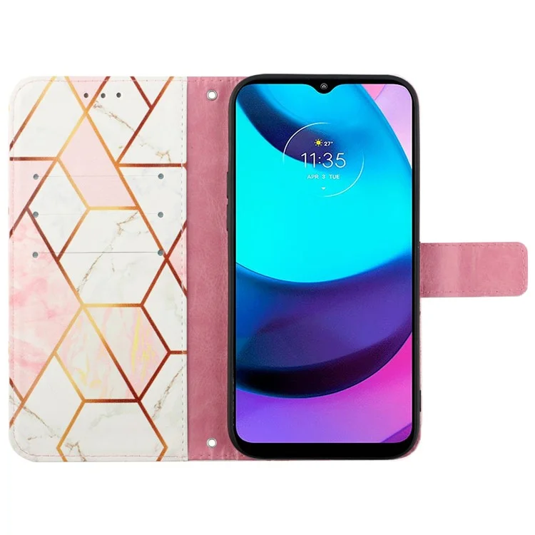 For Motorola Moto E14 4G / G04 4G / G04s 4G / G24 4G Case with Strap Marble Pattern Leather Phone Cover Card Holder - Pink / White LS002