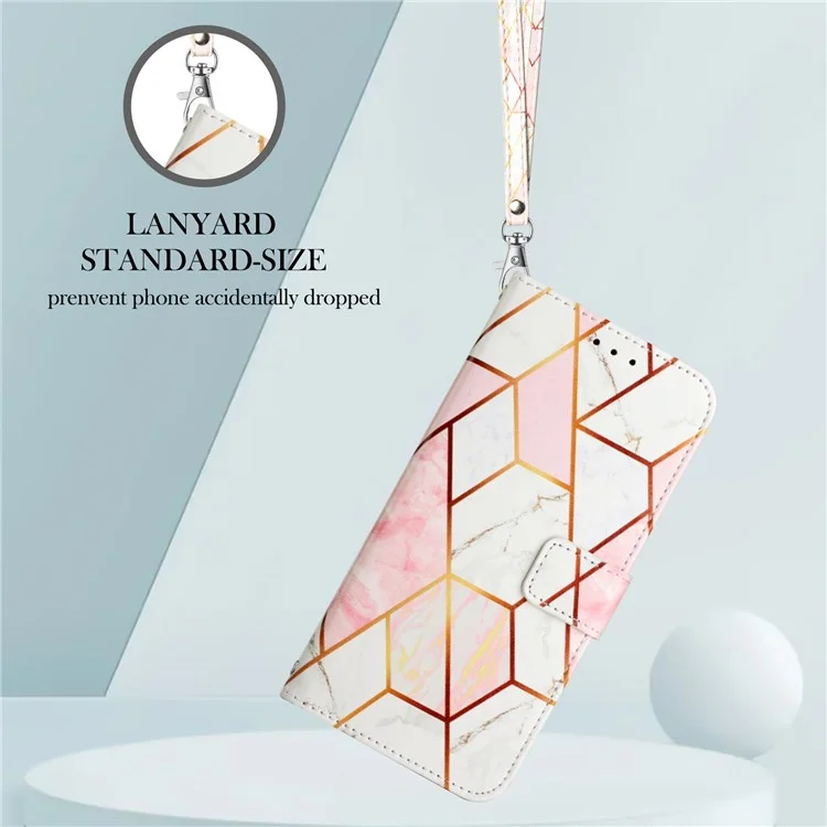 For Motorola Moto E14 4G / G04 4G / G04s 4G / G24 4G Case with Strap Marble Pattern Leather Phone Cover Card Holder - Pink / White LS002