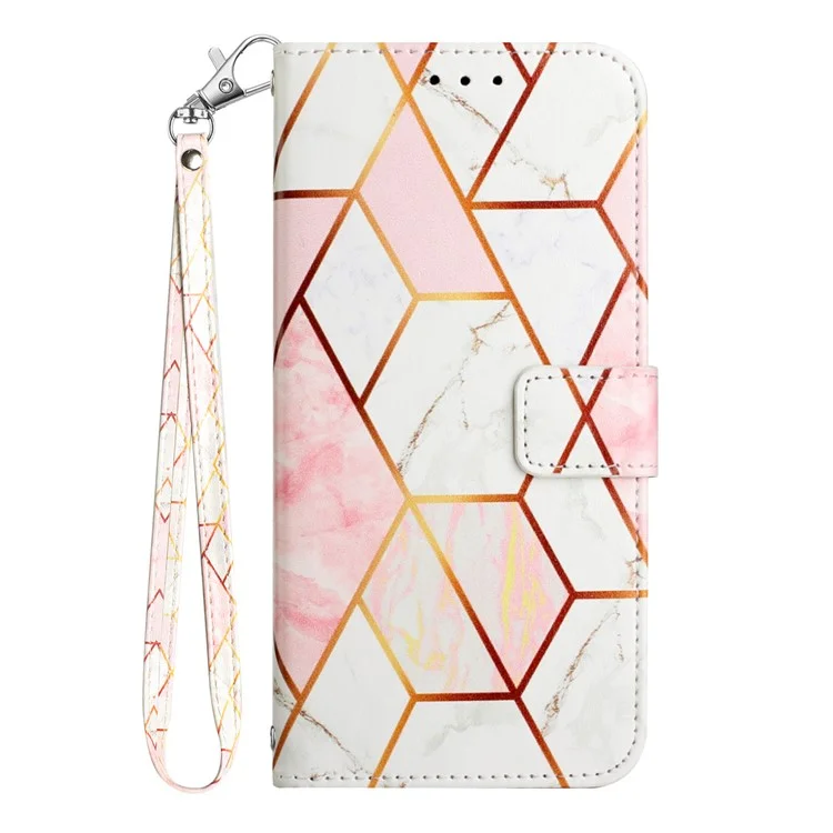 For Motorola Moto E14 4G / G04 4G / G04s 4G / G24 4G Case with Strap Marble Pattern Leather Phone Cover Card Holder - Pink / White LS002