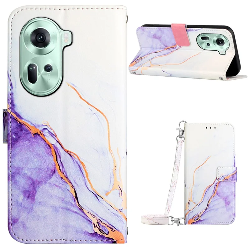 For Oppo Reno11 5G (Global) Leather Case with Shoulder Strap Marble Pattern Phone Stand Cover - White / Purple LS006