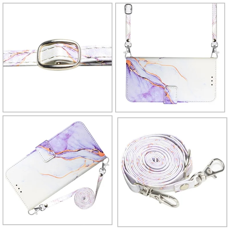 For Oppo Reno11 5G (Global) Leather Case with Shoulder Strap Marble Pattern Phone Stand Cover - White / Purple LS006