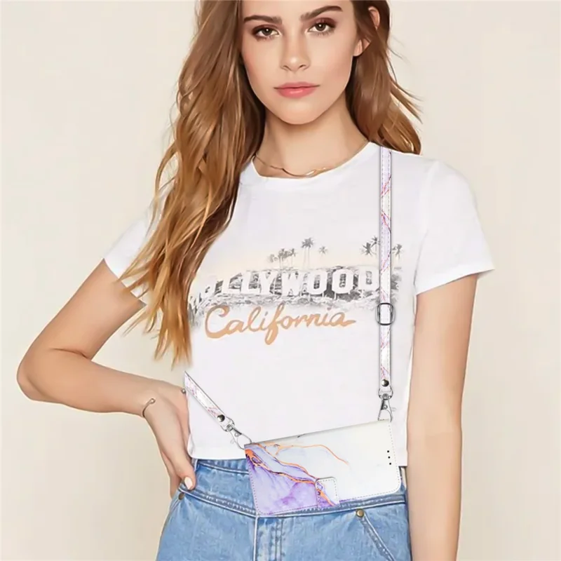 For Oppo Reno11 5G (Global) Leather Case with Shoulder Strap Marble Pattern Phone Stand Cover - White / Purple LS006