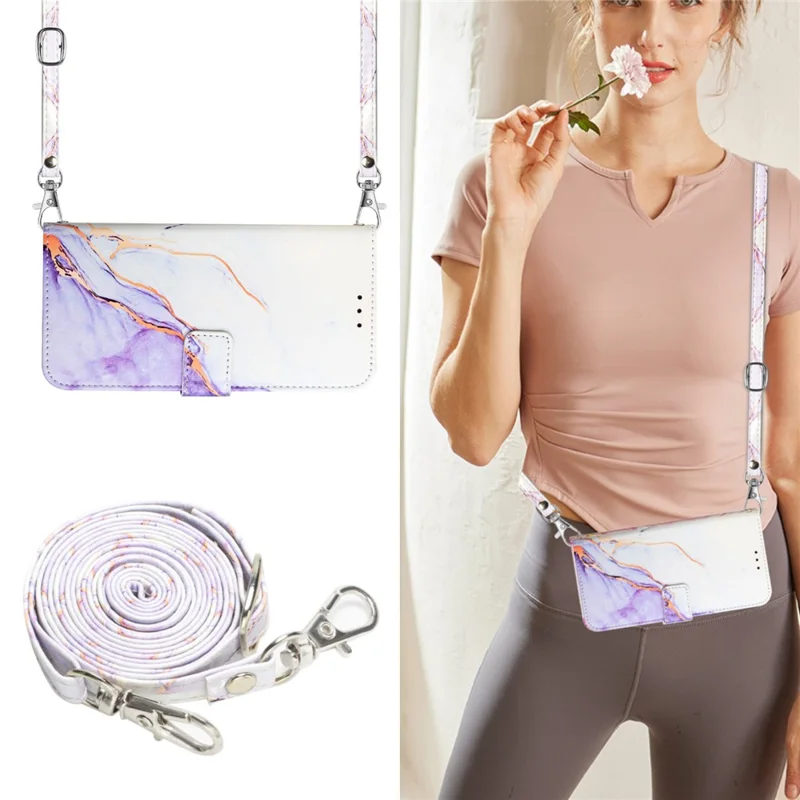 For Oppo Reno11 5G (Global) Leather Case with Shoulder Strap Marble Pattern Phone Stand Cover - White / Purple LS006