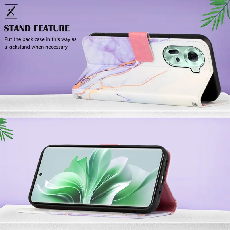 For Oppo Reno11 5G (Global) Leather Case with Shoulder Strap Marble Pattern Phone Stand Cover - White / Purple LS006