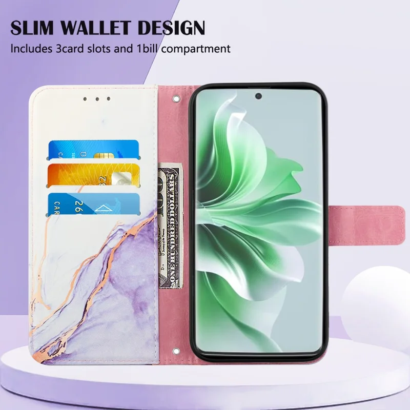 For Oppo Reno11 5G (Global) Leather Case with Shoulder Strap Marble Pattern Phone Stand Cover - White / Purple LS006