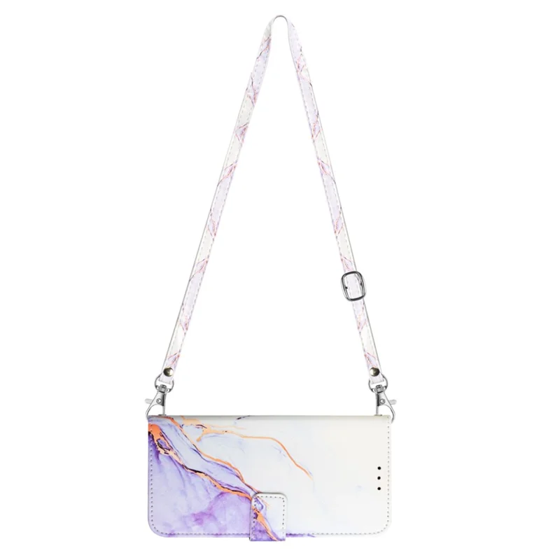 For Oppo Reno11 5G (Global) Leather Case with Shoulder Strap Marble Pattern Phone Stand Cover - White / Purple LS006