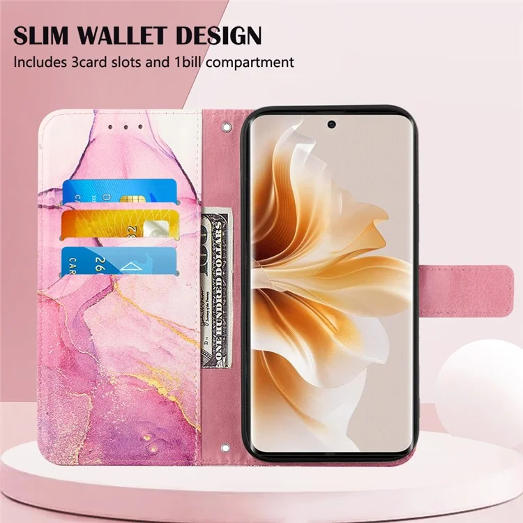 Para Oppo Reno11 Pro 5G (Global) Case YB Pattern Printing Leather Series-6 Marble Pattern Leather Phone Cover - Pink / Purple / Gold LS001