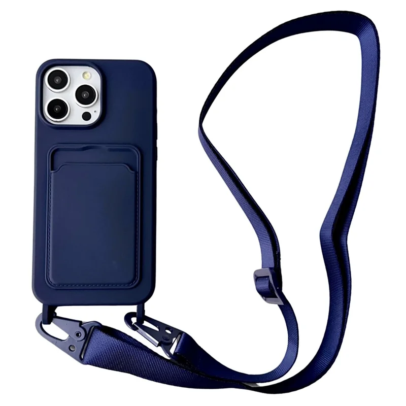 For iPhone 14 Pro Max Case Slim Fit Liquid Silicone Card Holder Phone Cover with Wide Neck Strap - Dark Blue
