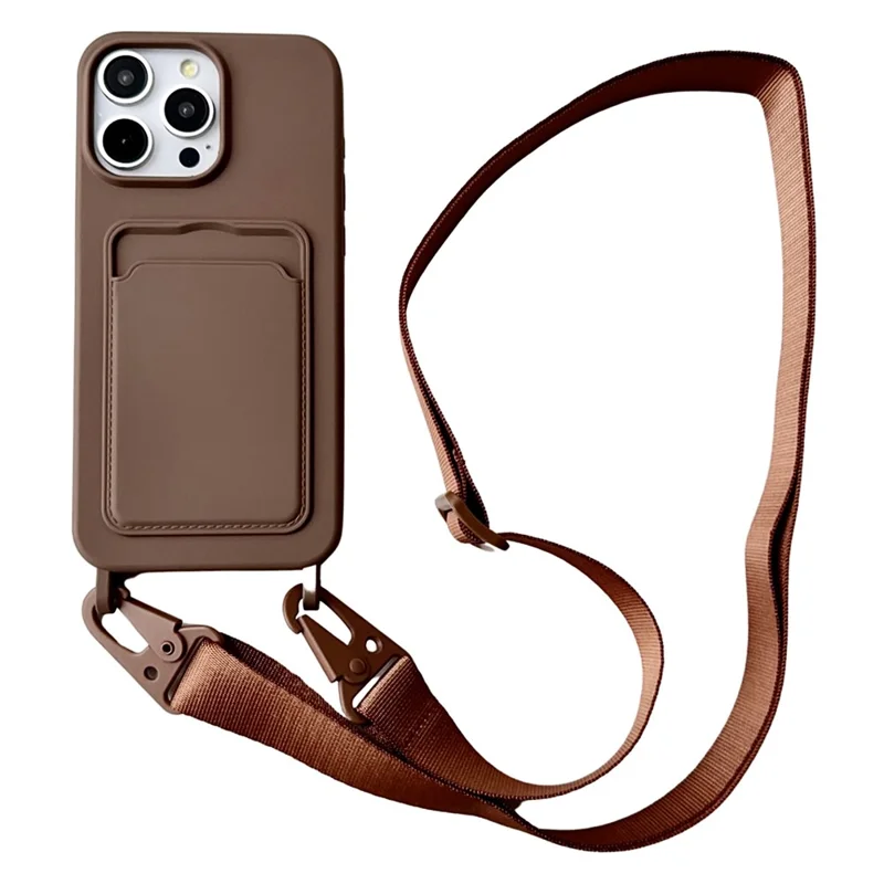 For iPhone 14 Pro Max Case Slim Fit Liquid Silicone Card Holder Phone Cover with Wide Neck Strap - Coffee