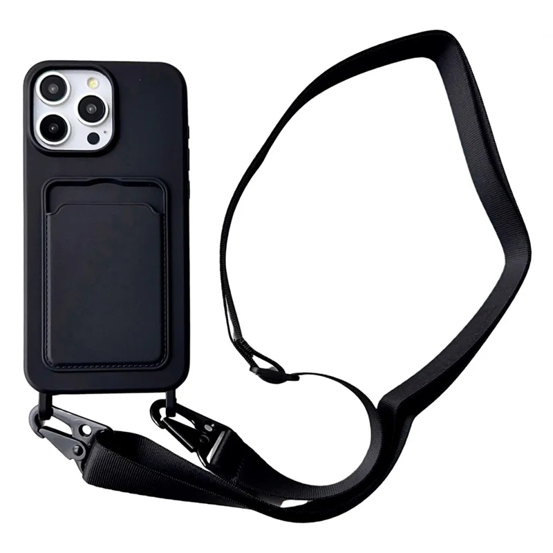 For iPhone 14 Pro Cell Phone Case Liquid Silicone Card Holder Shell with Adjustable Neck Strap - Black