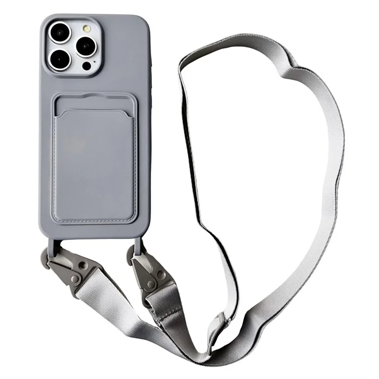 For iPhone 14 Pro Cell Phone Case Liquid Silicone Card Holder Shell with Adjustable Neck Strap - Grey