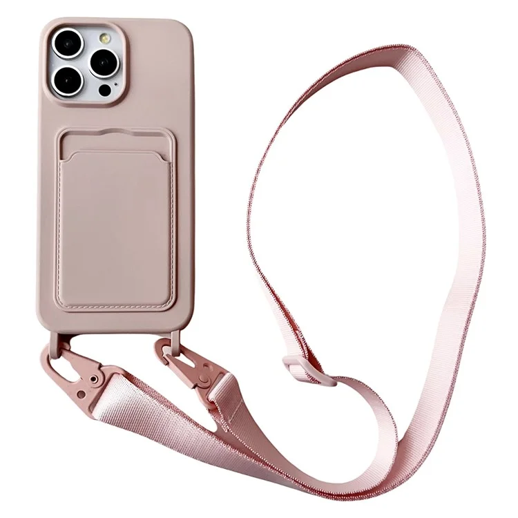 For iPhone 14 Pro Cell Phone Case Liquid Silicone Card Holder Shell with Adjustable Neck Strap - Pink