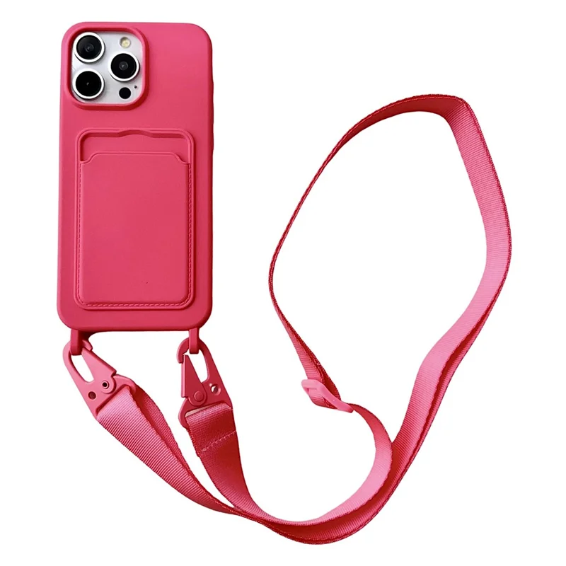 For iPhone 14 Pro Cell Phone Case Liquid Silicone Card Holder Shell with Adjustable Neck Strap - Rose