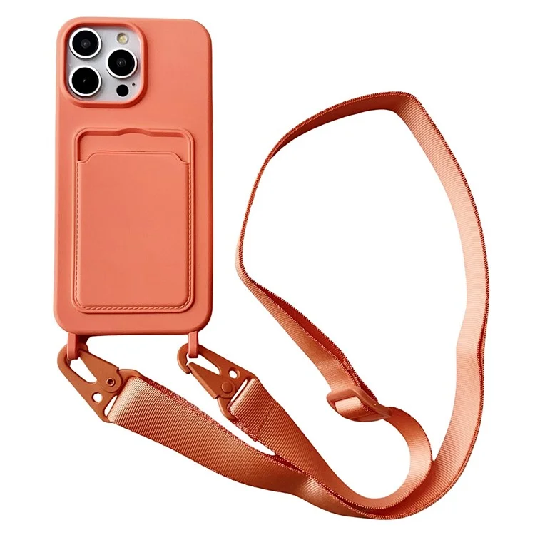 For iPhone 14 Pro Cell Phone Case Liquid Silicone Card Holder Shell with Adjustable Neck Strap - Orange