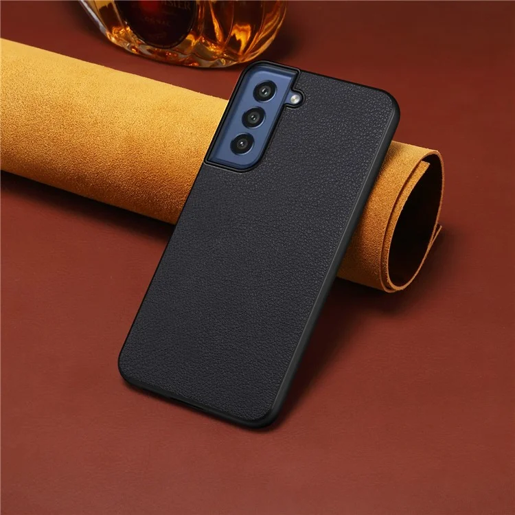 For Samsung Galaxy S21 FE 5G Case Calf Texture PU Leather+TPU+PC Phone Protector - Black