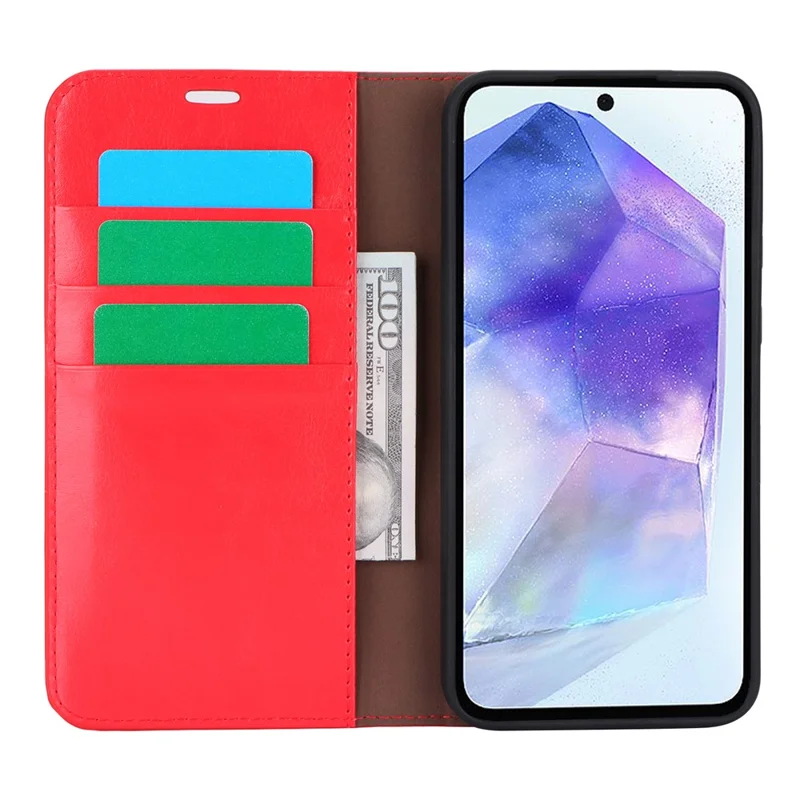 For Samsung Galaxy A55 5G Wallet Case Crazy Horse Texture Split Leather+TPU Phone Cover - Red