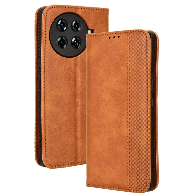 For TECNO Spark 20 Pro+ KJ7 Case Leather Magnetic Closure Wallet Flip Phone Cover - Brown