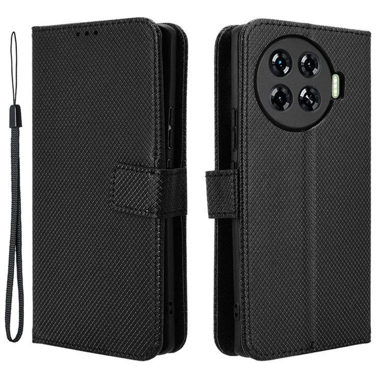 For TECNO Spark 20 Pro+ KJ7 Case Diamond Texture PU Leather Folio Phone Cover - Black